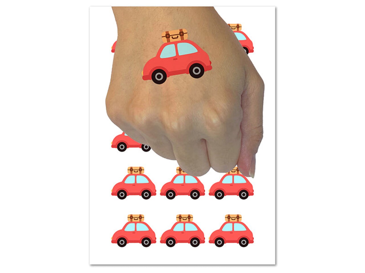 Cute Car with Suitcase Road Trip Travel Temporary Tattoo Water Resistant Fake Body Art Set Collection (1 Sheet)